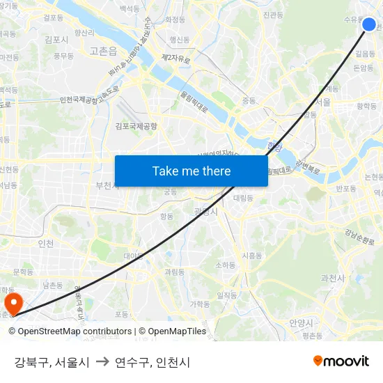 강북구, 서울시 to 연수구, 인천시 map