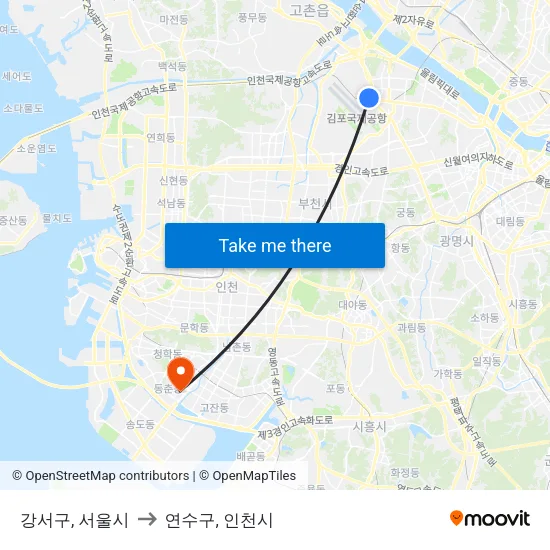 강서구, 서울시 to 연수구, 인천시 map