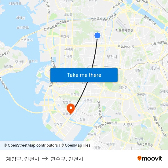 계양구, 인천시 to 연수구, 인천시 map