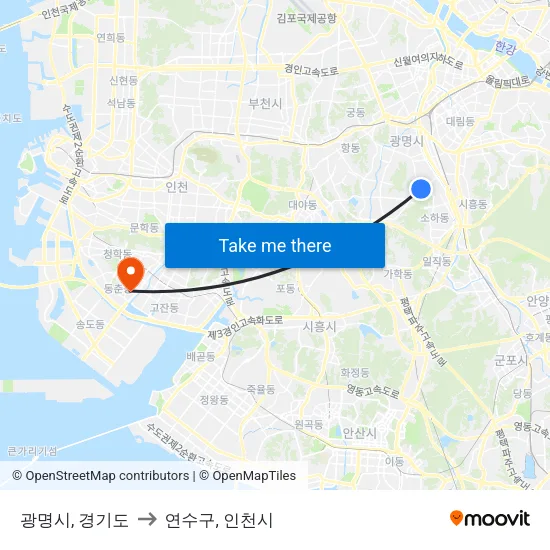 광명시, 경기도 to 연수구, 인천시 map