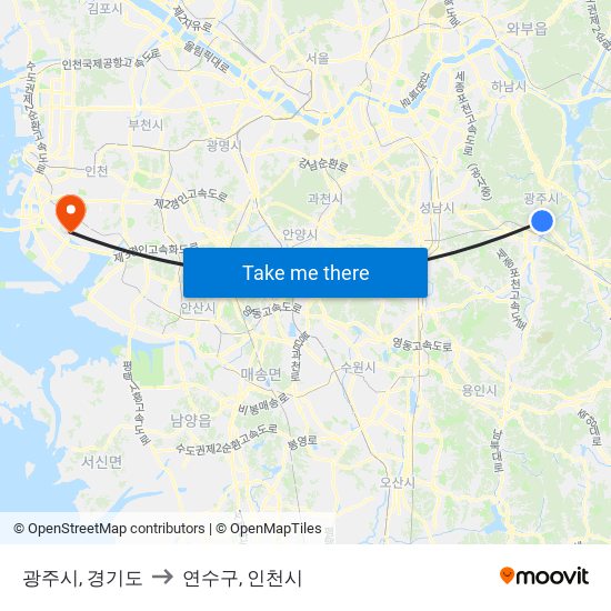 광주시, 경기도 to 연수구, 인천시 map