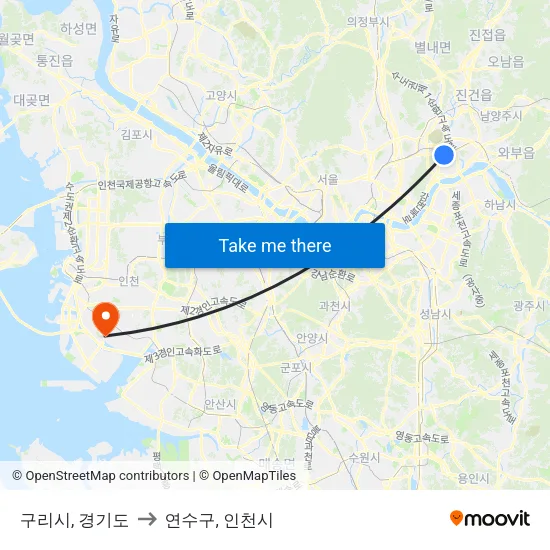 구리시, 경기도 to 연수구, 인천시 map