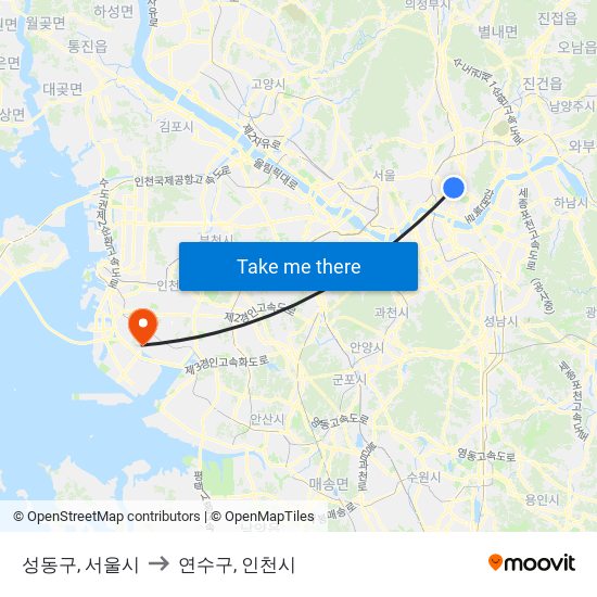 성동구, 서울시 to 연수구, 인천시 map
