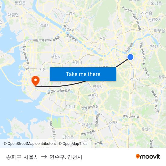 송파구, 서울시 to 연수구, 인천시 map