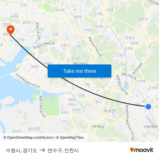 수원시, 경기도 to 연수구, 인천시 map