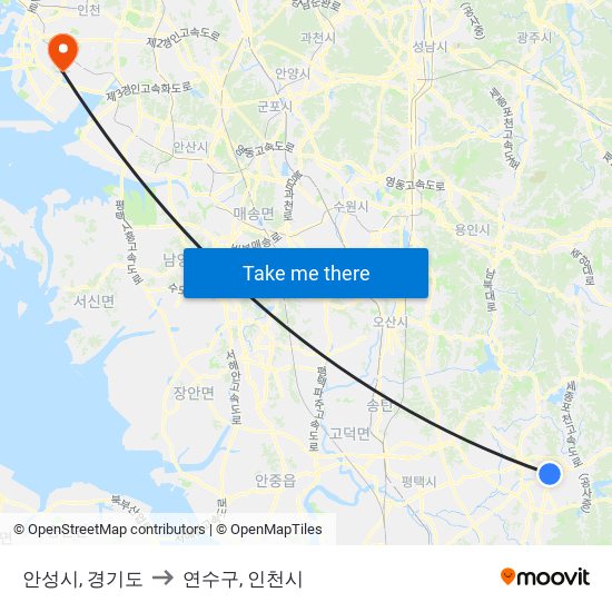 안성시, 경기도 to 연수구, 인천시 map