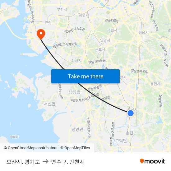 오산시, 경기도 to 연수구, 인천시 map