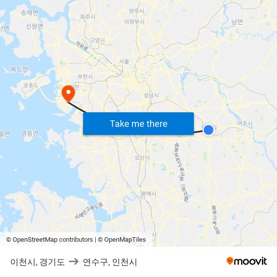 이천시, 경기도 to 연수구, 인천시 map