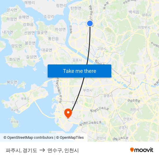 파주시, 경기도 to 연수구, 인천시 map