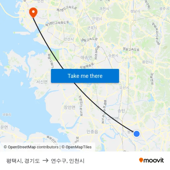 평택시, 경기도 to 연수구, 인천시 map