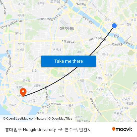 홍대입구 Hongik University to 연수구, 인천시 map