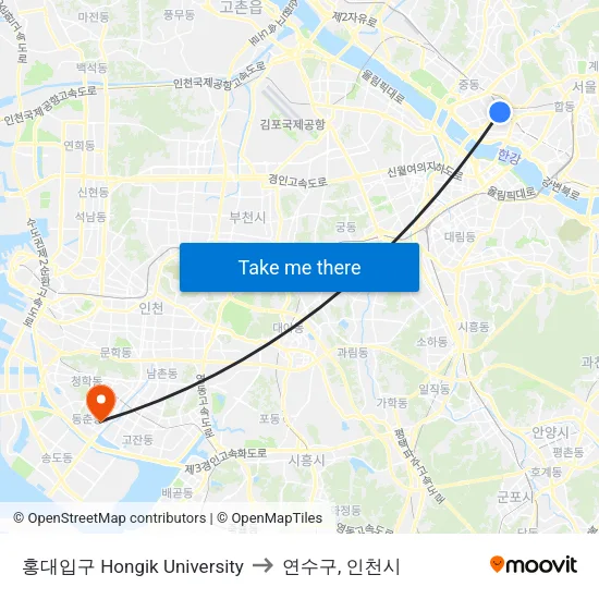 홍대입구 Hongik University to 연수구, 인천시 map
