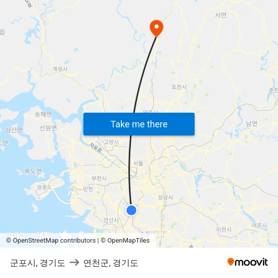 군포시, 경기도 to 연천군, 경기도 map