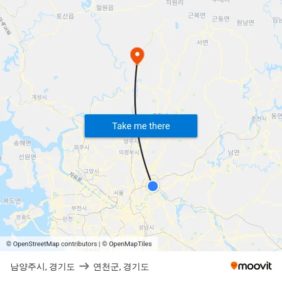남양주시, 경기도 to 연천군, 경기도 map