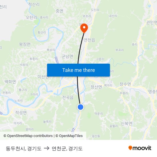 동두천시, 경기도 to 연천군, 경기도 map