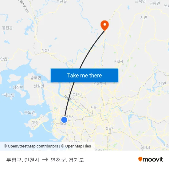 부평구, 인천시 to 연천군, 경기도 map