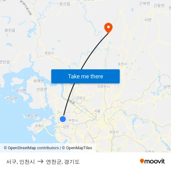 서구, 인천시 to 연천군, 경기도 map