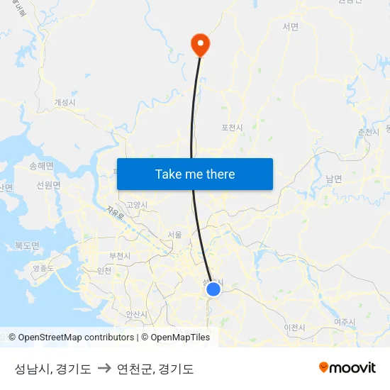 성남시, 경기도 to 연천군, 경기도 map