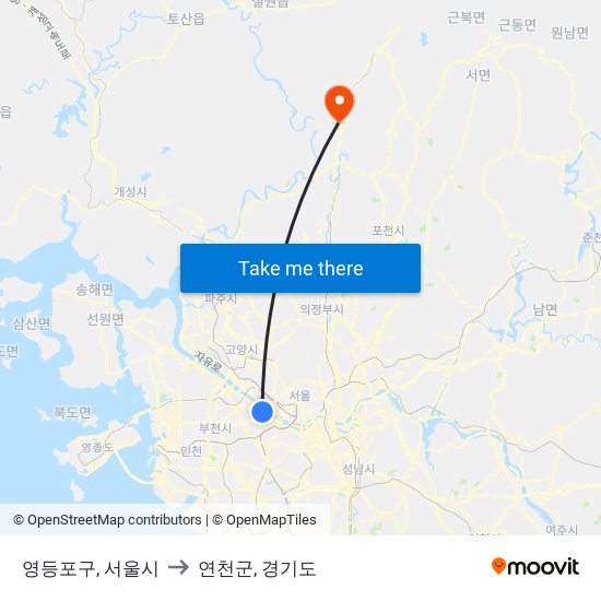 영등포구, 서울시 to 연천군, 경기도 map