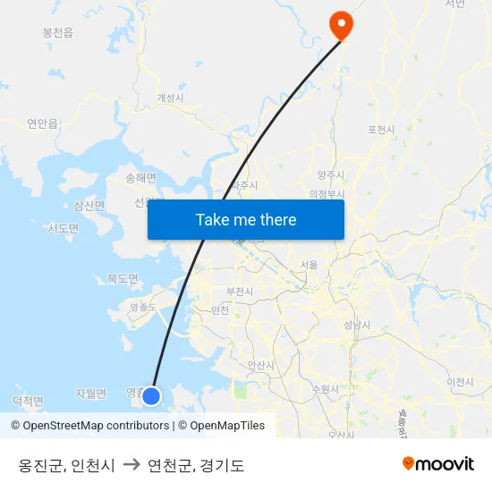 옹진군, 인천시 to 연천군, 경기도 map