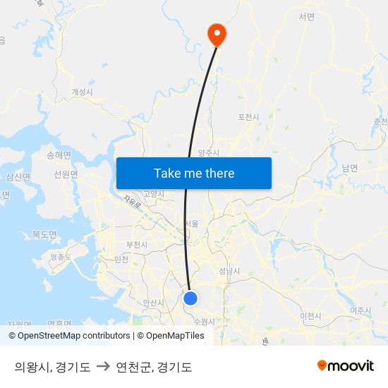 의왕시, 경기도 to 연천군, 경기도 map