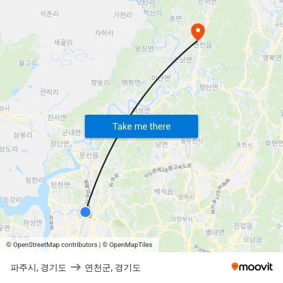 파주시, 경기도 to 연천군, 경기도 map