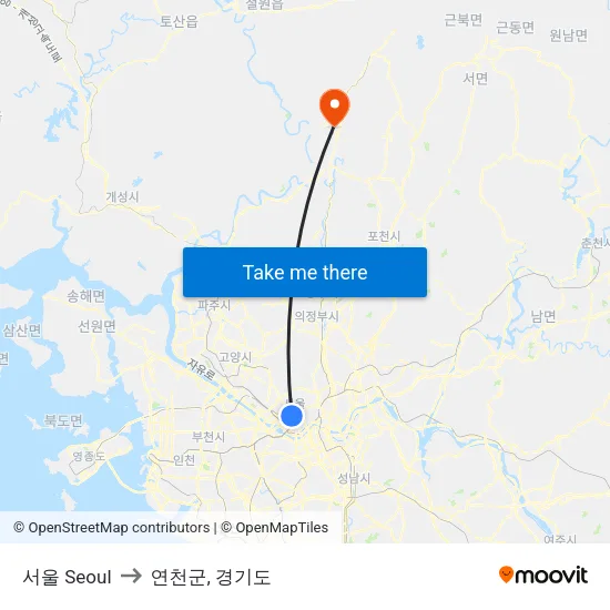 서울 Seoul to 연천군, 경기도 map