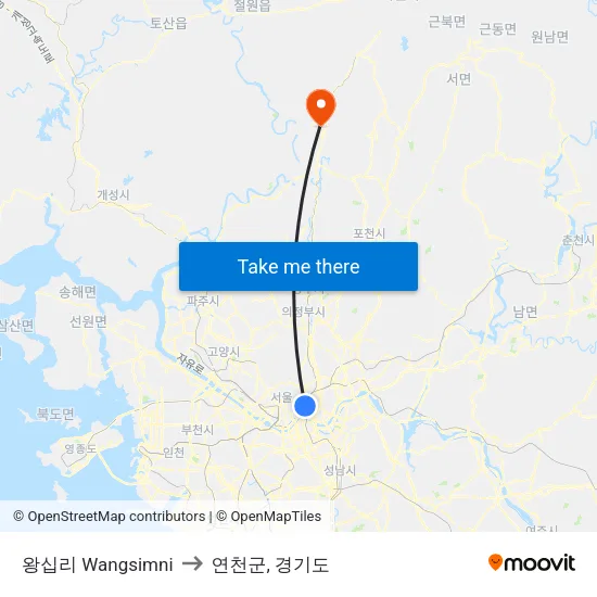 왕십리 Wangsimni to 연천군, 경기도 map