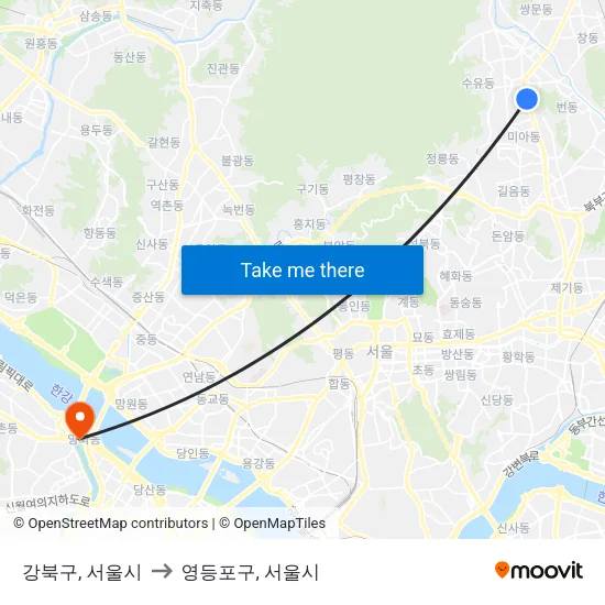 강북구, 서울시 to 영등포구, 서울시 map