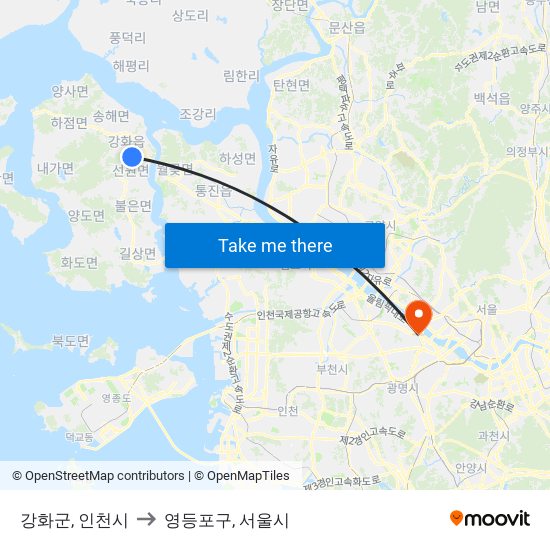 강화군, 인천시 to 영등포구, 서울시 map