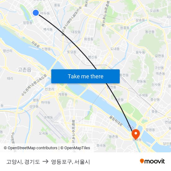 고양시, 경기도 to 영등포구, 서울시 map