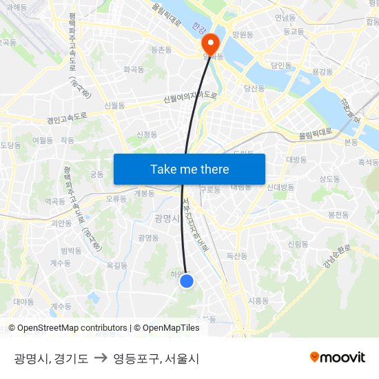 광명시, 경기도 to 영등포구, 서울시 map