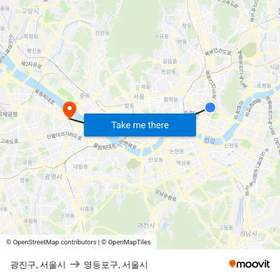 광진구, 서울시 to 영등포구, 서울시 map