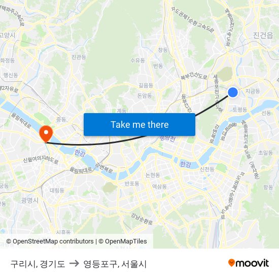 구리시, 경기도 to 영등포구, 서울시 map