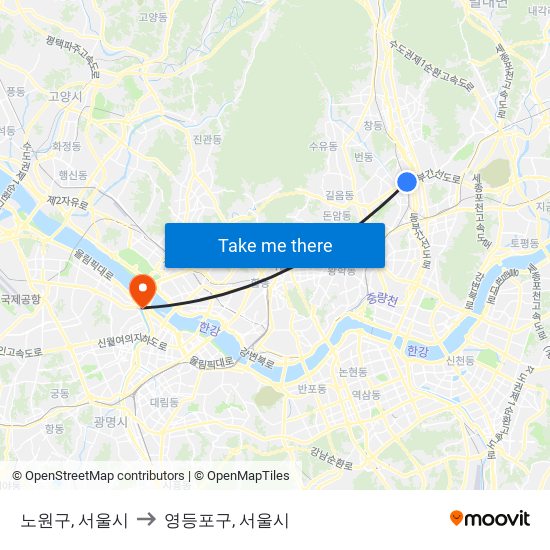 노원구, 서울시 to 영등포구, 서울시 map