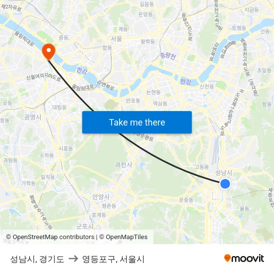성남시, 경기도 to 영등포구, 서울시 map