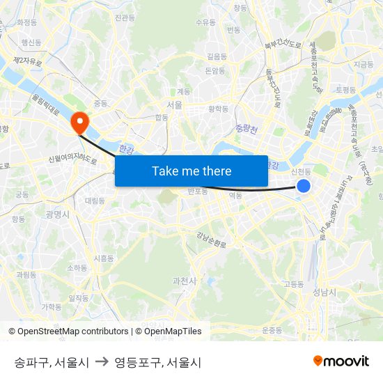 송파구, 서울시 to 영등포구, 서울시 map