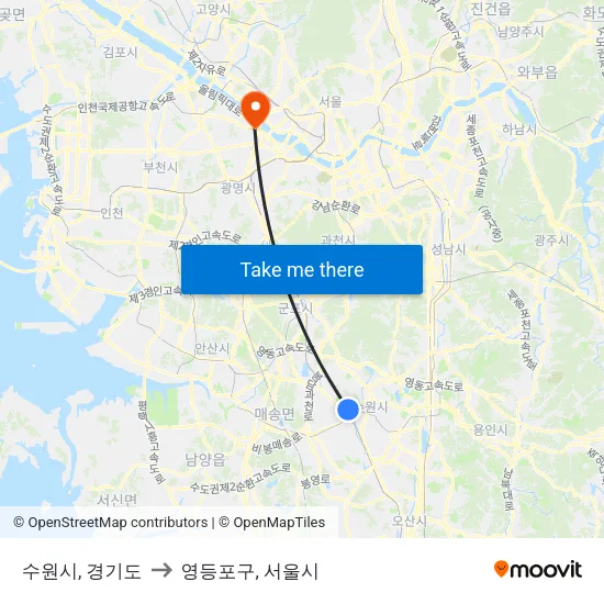 수원시, 경기도 to 영등포구, 서울시 map