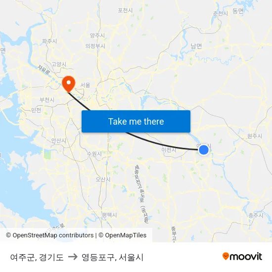 여주군, 경기도 to 영등포구, 서울시 map