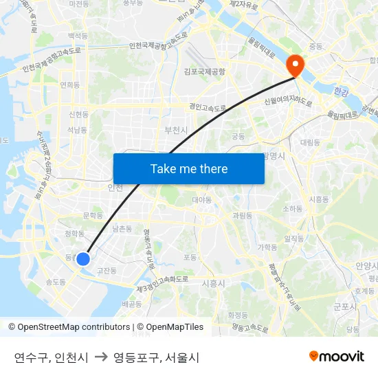 연수구, 인천시 to 영등포구, 서울시 map