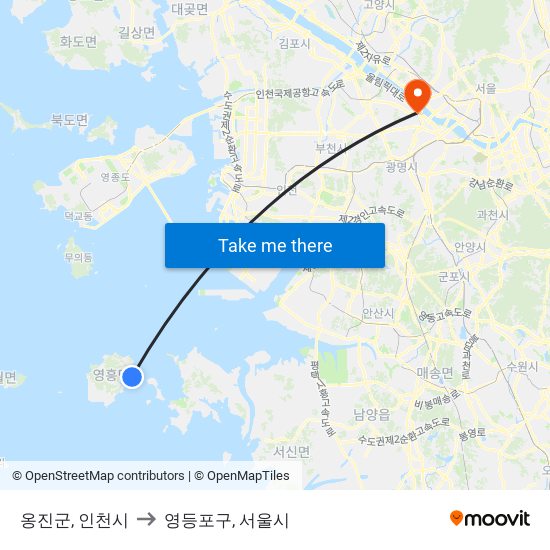 옹진군, 인천시 to 영등포구, 서울시 map