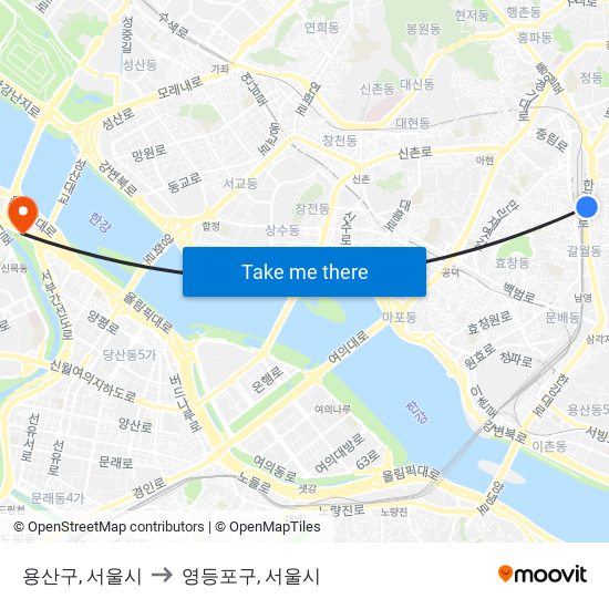 용산구, 서울시 to 영등포구, 서울시 map