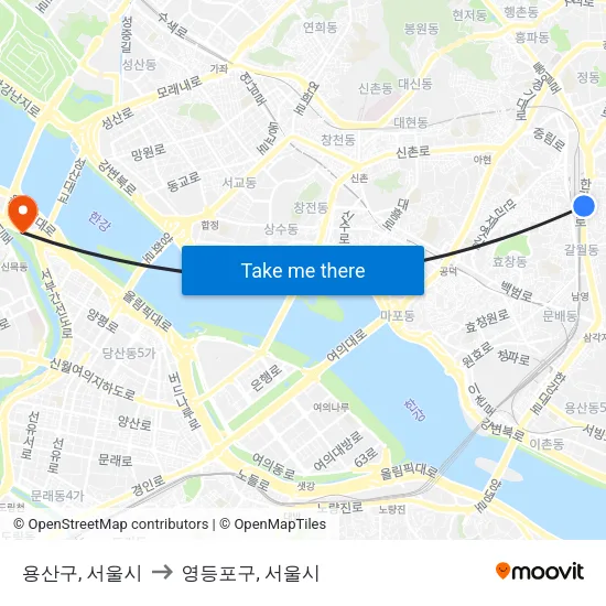 용산구, 서울시 to 영등포구, 서울시 map