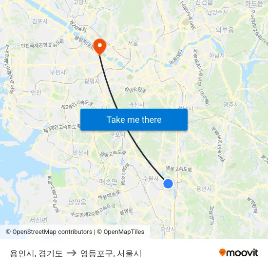 용인시, 경기도 to 영등포구, 서울시 map