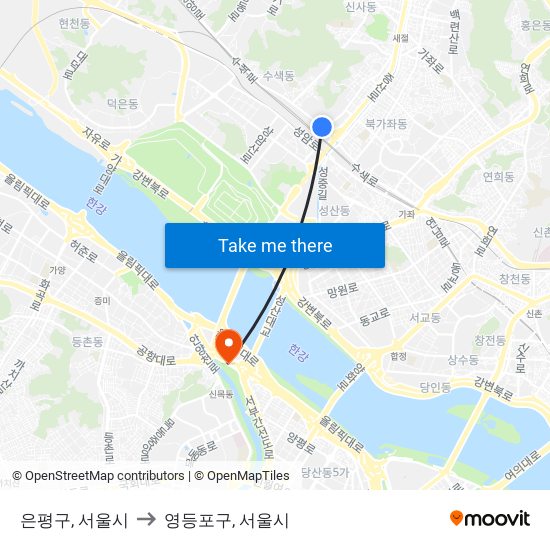 은평구, 서울시 to 영등포구, 서울시 map