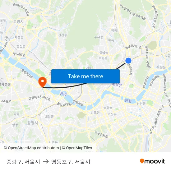 중랑구, 서울시 to 영등포구, 서울시 map