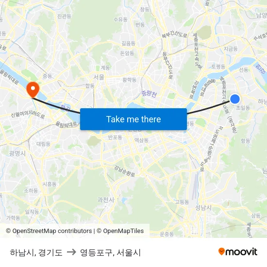 하남시, 경기도 to 영등포구, 서울시 map