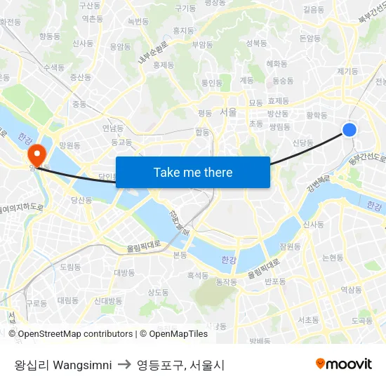 왕십리 Wangsimni to 영등포구, 서울시 map