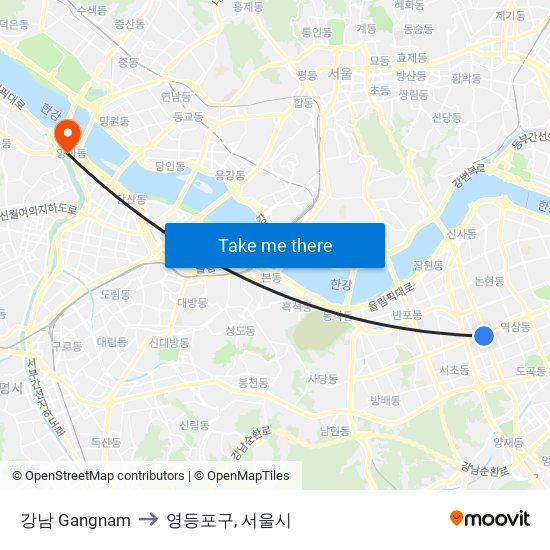 강남 Gangnam to 영등포구, 서울시 map