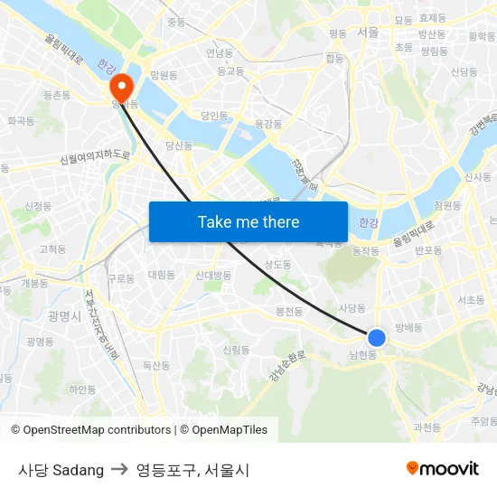 사당 Sadang to 영등포구, 서울시 map